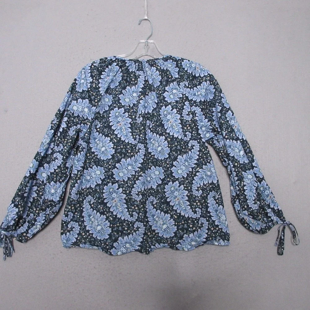 J Crew Collection Top Small Blue Ratti Pacific Paisley Button Up Tie Sleeve Boho